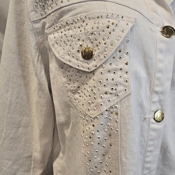 DG2 Diane Gilman White Rhinestone Jacket Size 1X Button-up Pockets Cotton Romie - Picture 2 of 8
